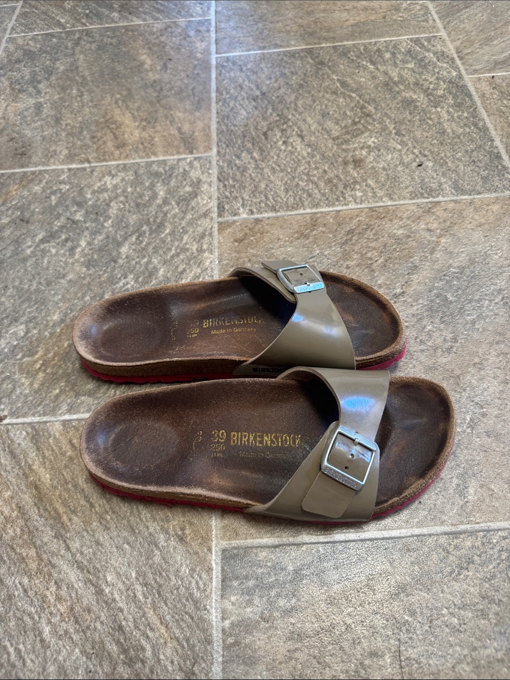 Birkenstock Single Strap Slide in Olive with Red Trim